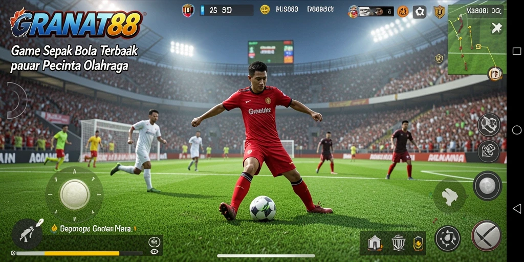 Screenshot menunjukkan aksi mendebarkan dalam permainan sepak bola.