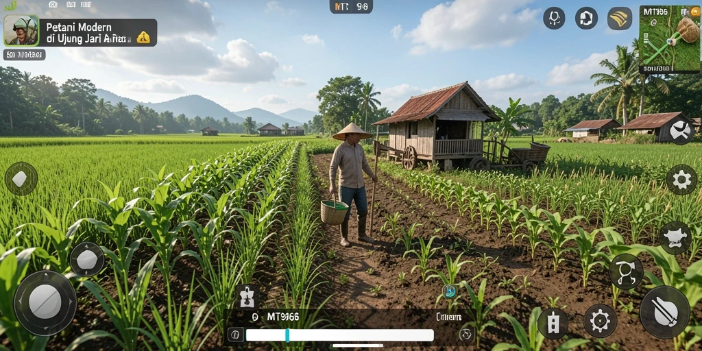 Tampilan gameplay MT966 dengan lahan pertanian yang subur dan hewan ternak.