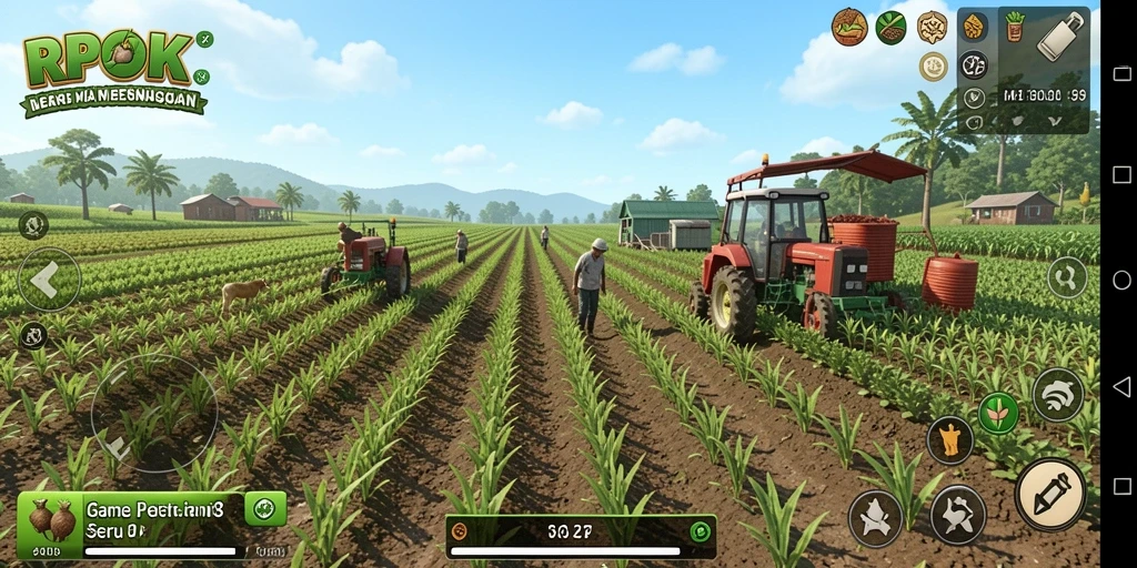 Tangkapan layar gameplay RPOK menampilkan suasana ladang yang subur dan tanaman yang berwarna-warni.